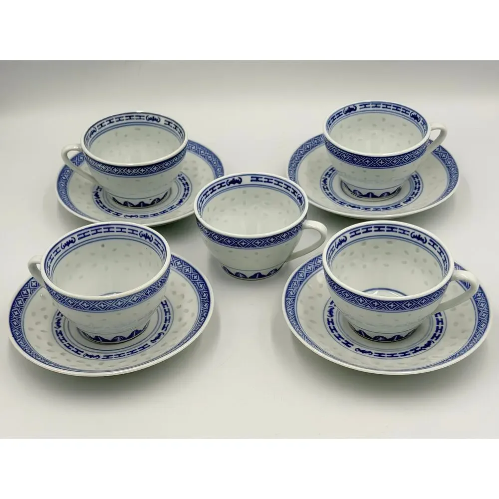 Jingdezhen Rice Eye Grain Cups & Saucers Blue & White Porcelain 9pc Set